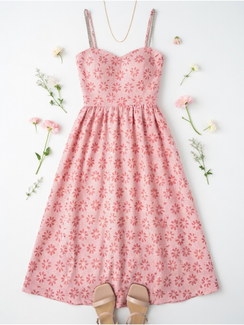 Sweetheart Floral Laser Cut Gingham Midi Dress